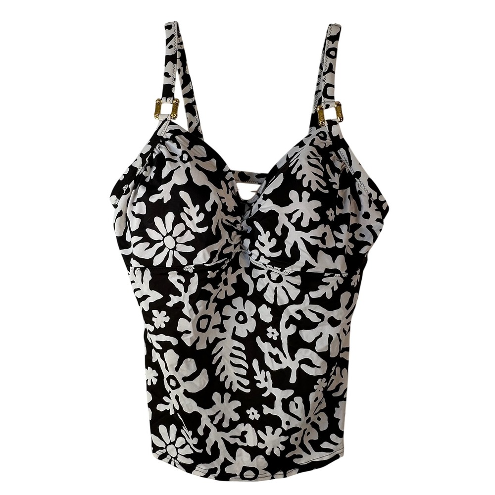 Lands End Womens Black White Tropical Floral Tankini Swim Top Gold Bamboo 16‎